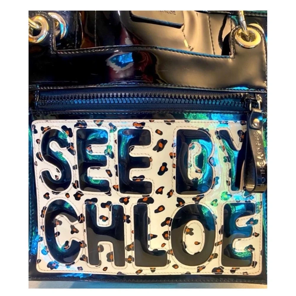 SEE BY CHLOE Black Patent Leather Tote w/Detachable Pouch w/Cheetah Print, EUC